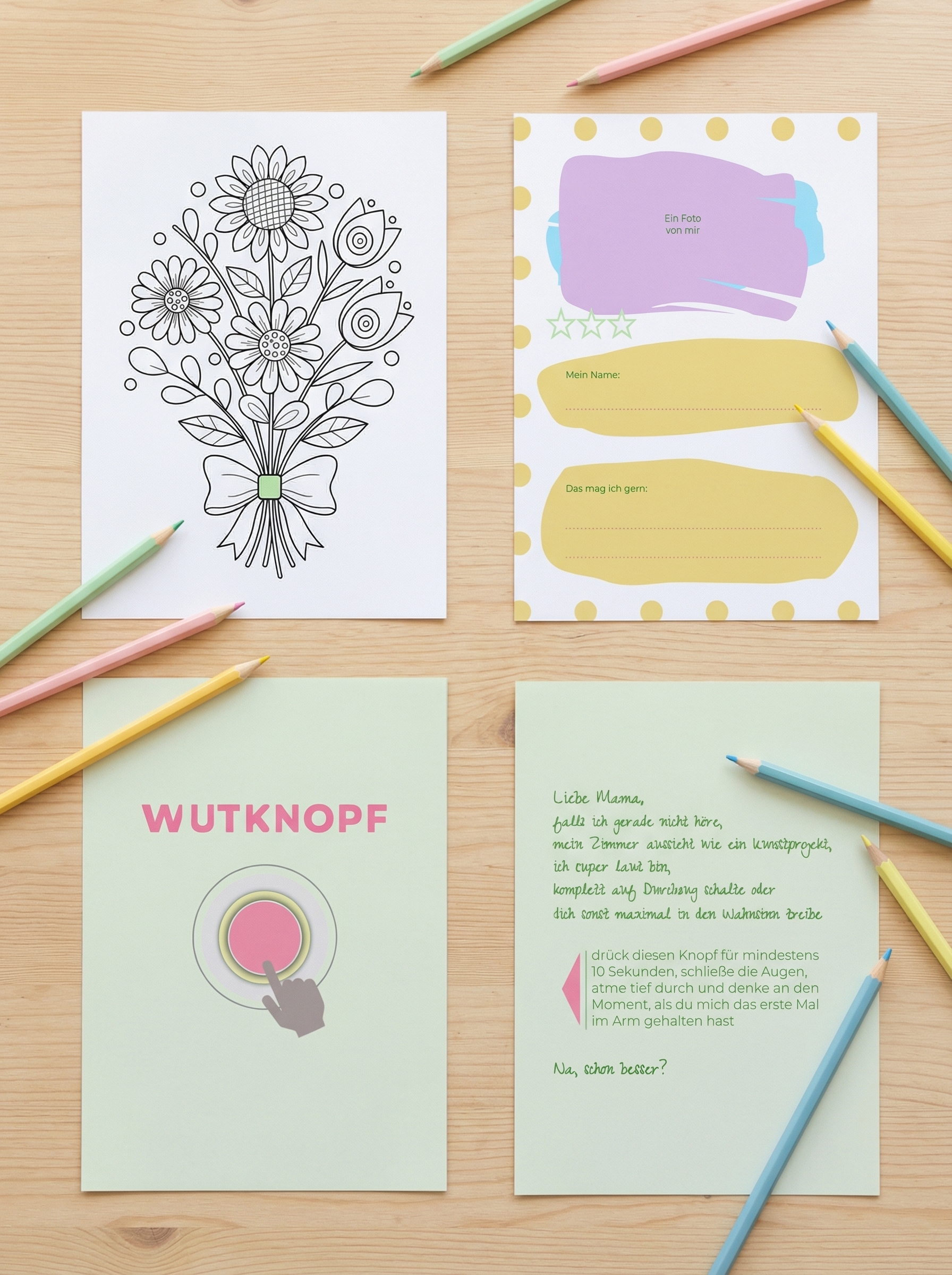 Collage aus 4 Buchseiten: Wutknopf, Blumenstrauß zum Ausmalen, Liebesbrief und Eintragungsfelder